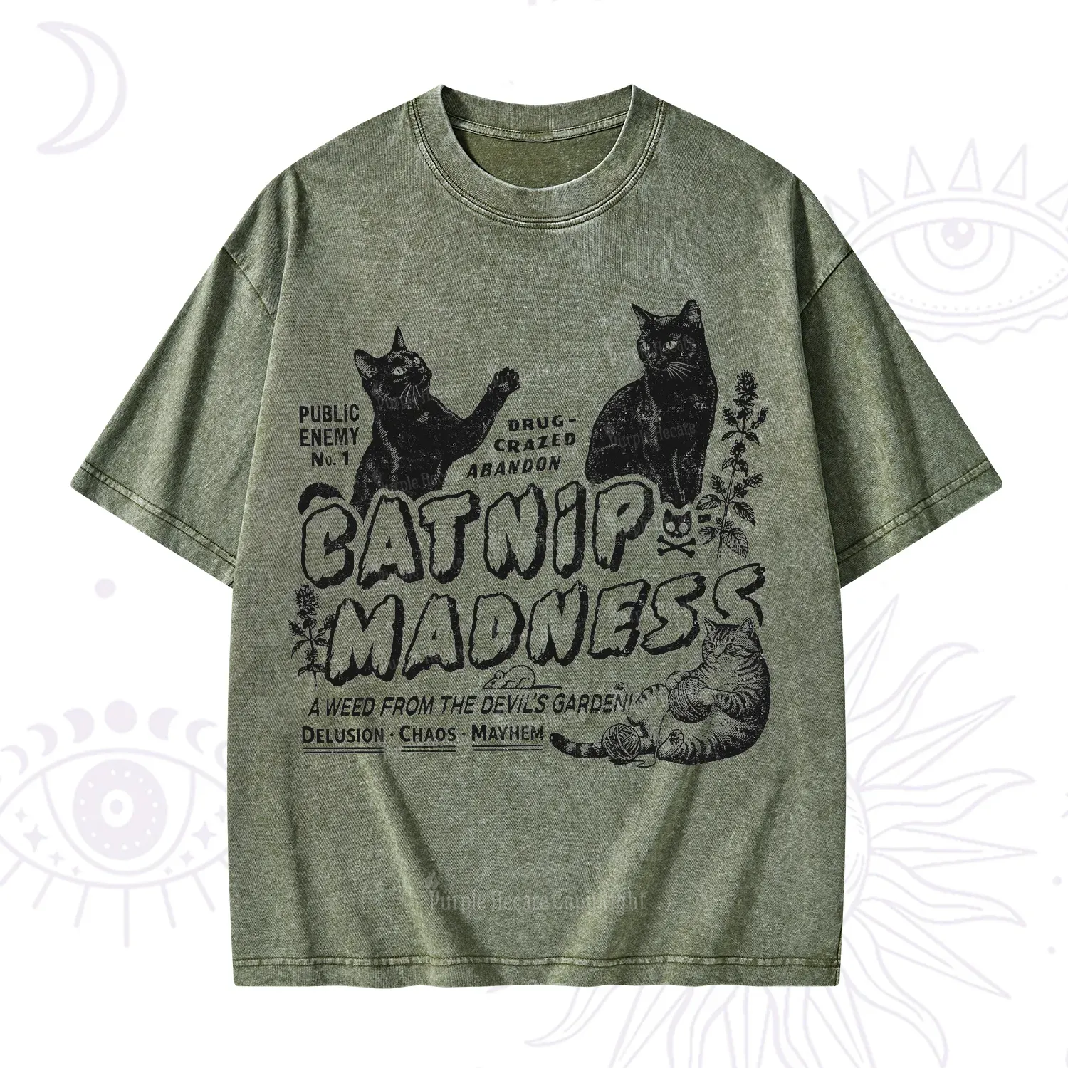 Purplehecate Catnip Madness Cute Cat Washed T-Shirt