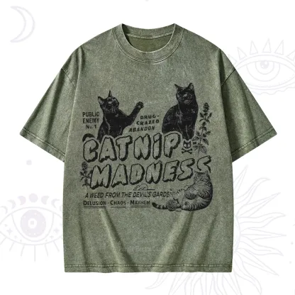 Purplehecate Catnip Madness Cute Cat Washed T-Shirt
