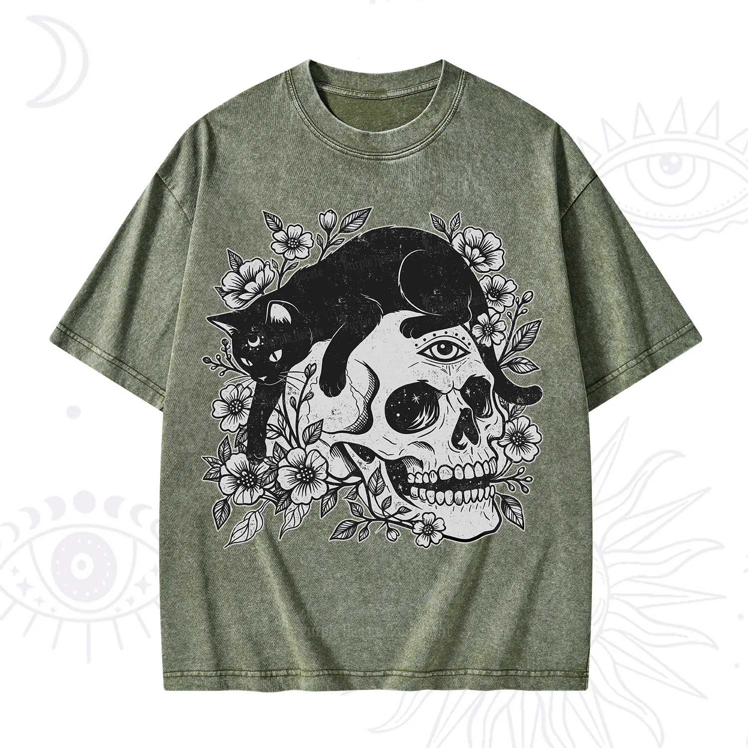 Purplehecate Black Cats In A Skull Washed T-Shirt