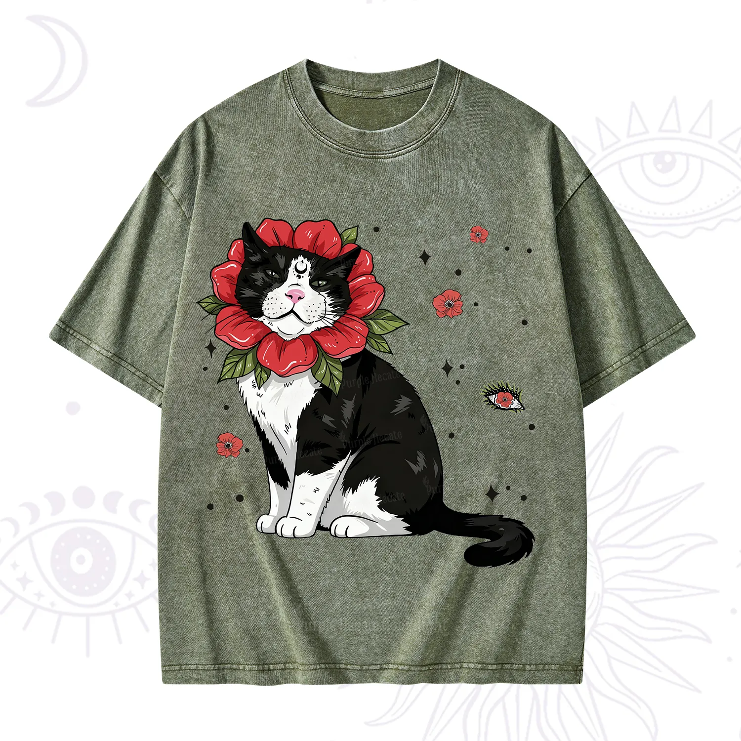 Purplehecate Cat in Flower Crown Washed T-Shirt