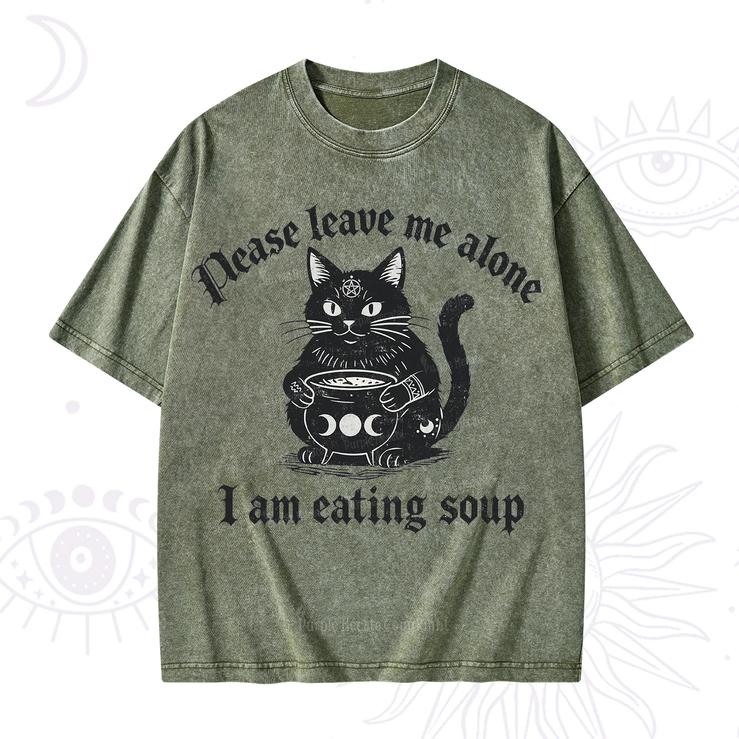 Purplehecate Magic Cat Eating Soup Washed T-Shirt