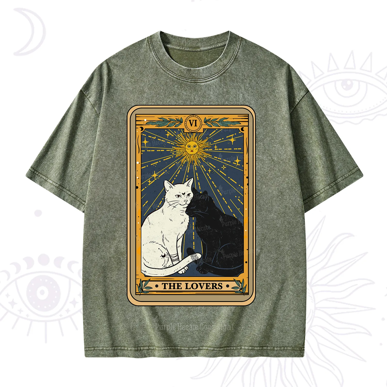 Purplehecate The Lovers Cat Tarot Card Washed T-Shirt