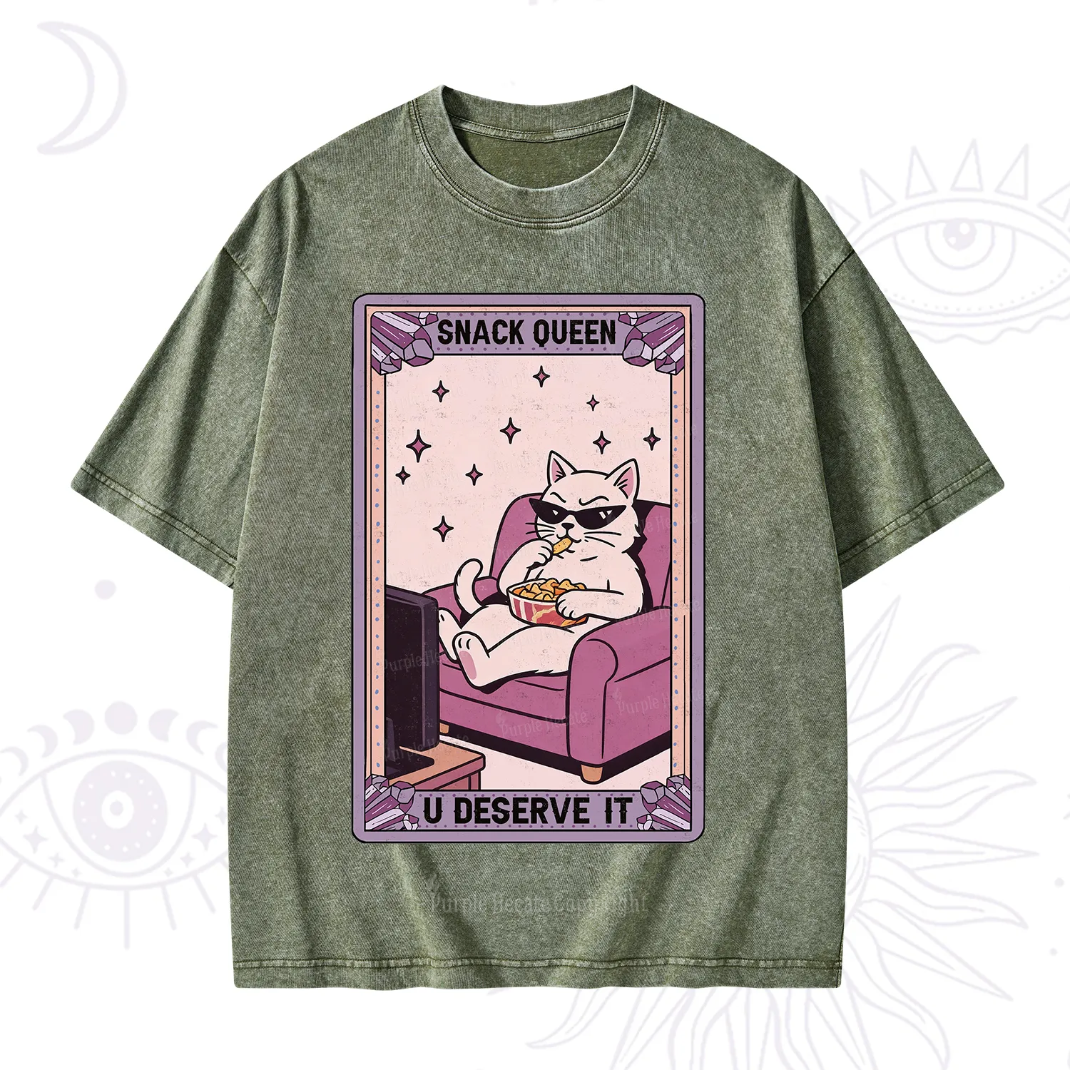 Purplehecate The Snack Queen Cat Tarot Washed T-Shirt
