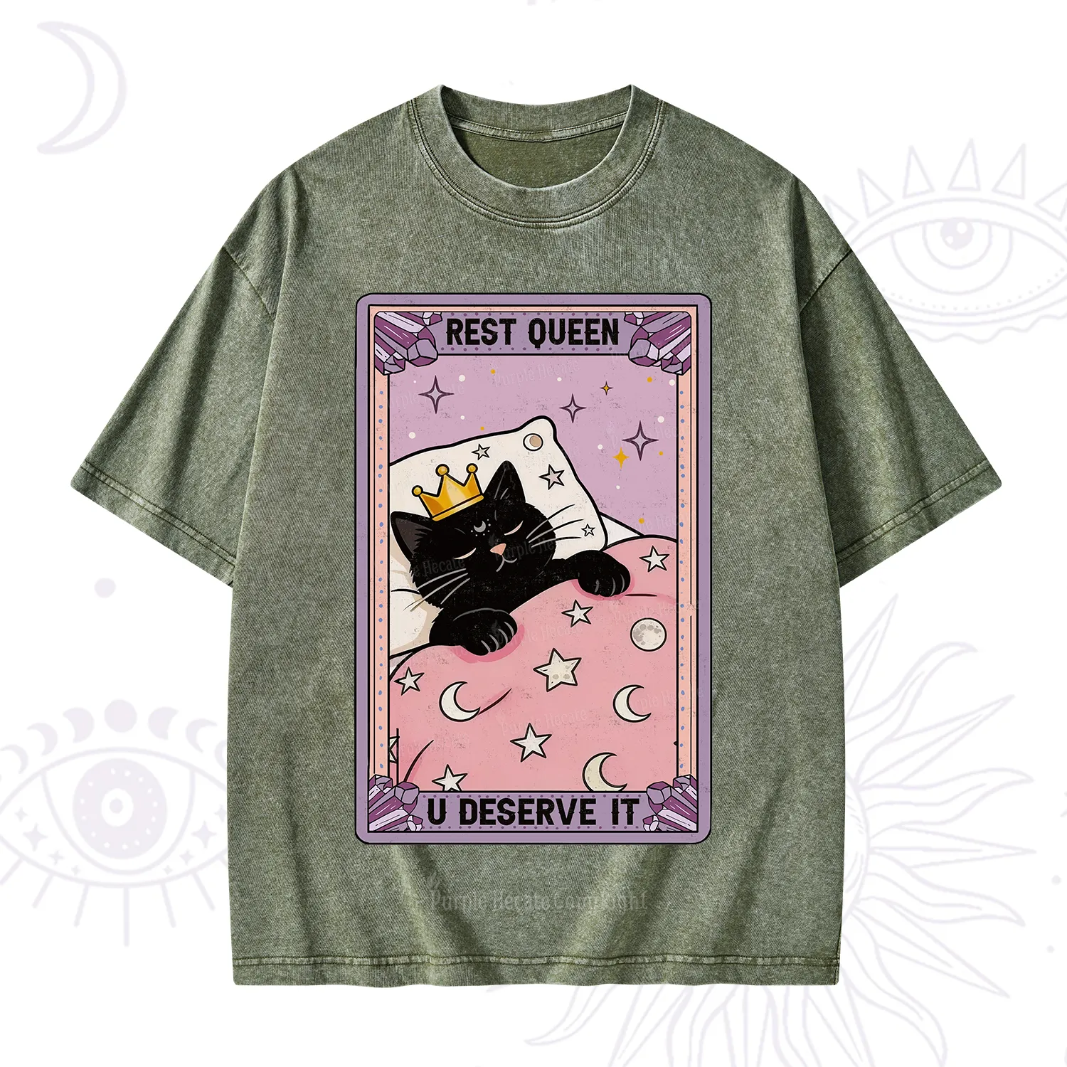 Purplehecate The Rest Queen Cat Tarot Washed T-Shirt