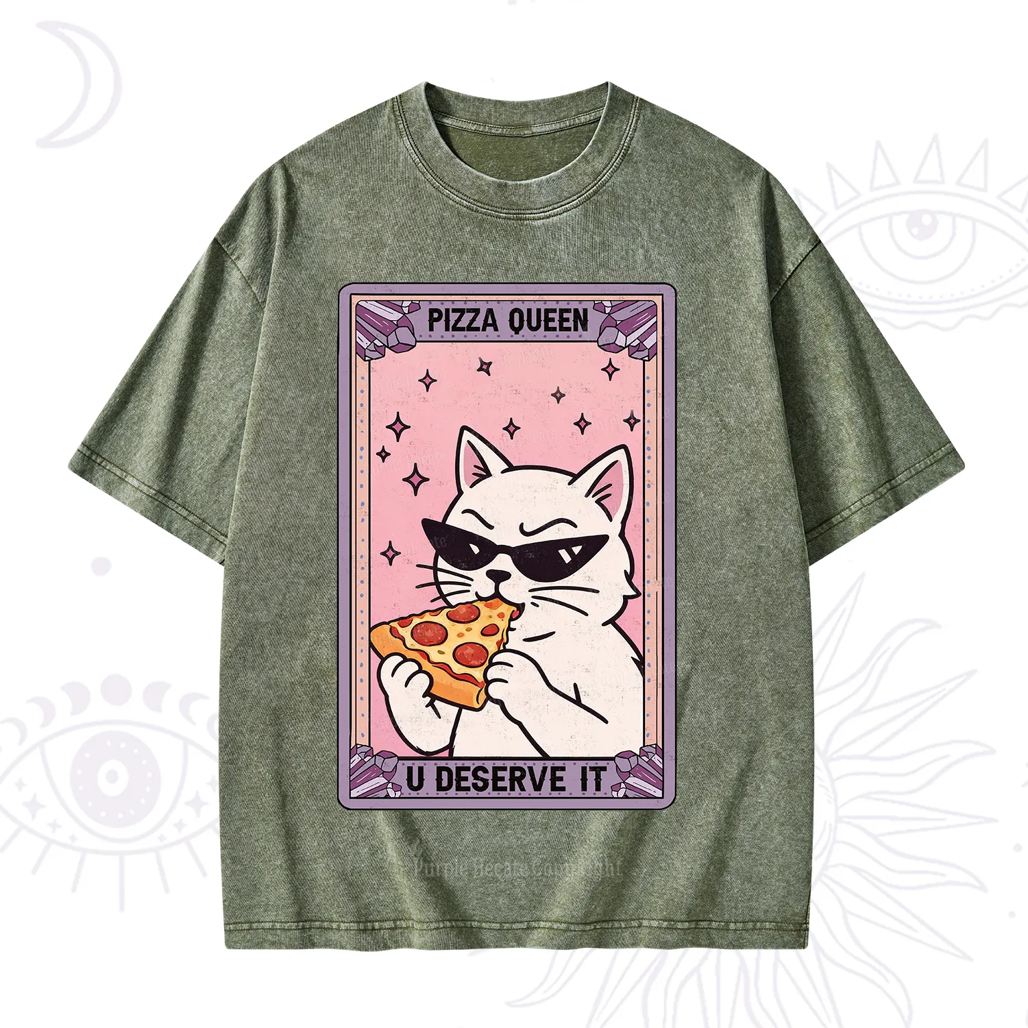 Purplehecate The Pizza Queen Cat Tarot Washed T-Shirt
