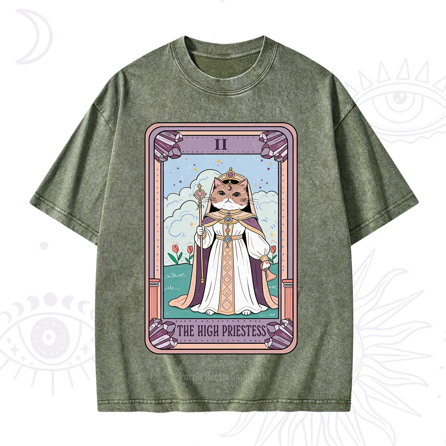 Purplehecate The High Priestess Cat Tarot Washed T-Shirt