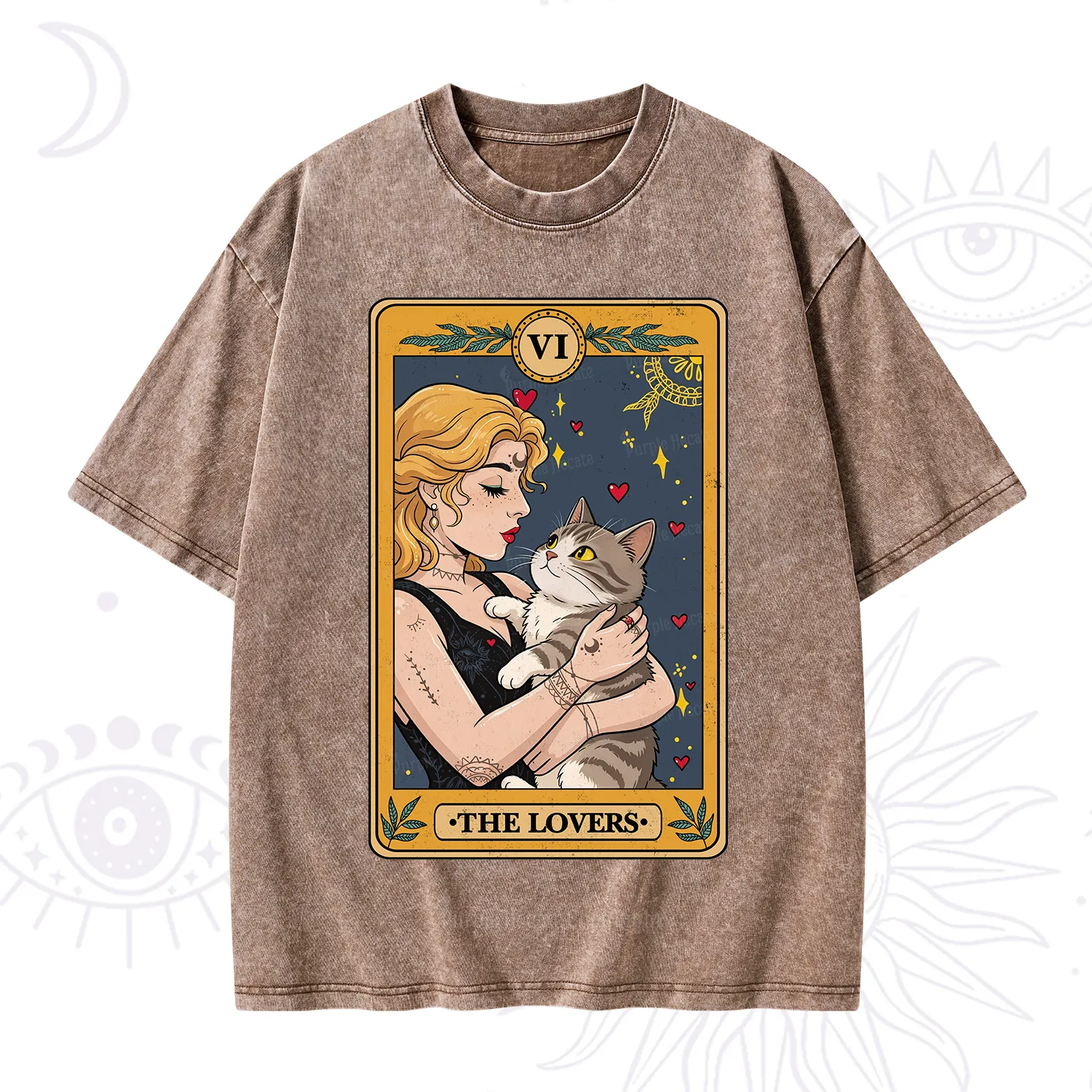Purplehecate The Lovers Tarot for Cat Lovers Washed T-Shirt