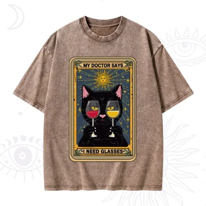 Purplehecate Funny Black Cat My Doctor Says I Need Glasses Tarot Washed T-Shirt