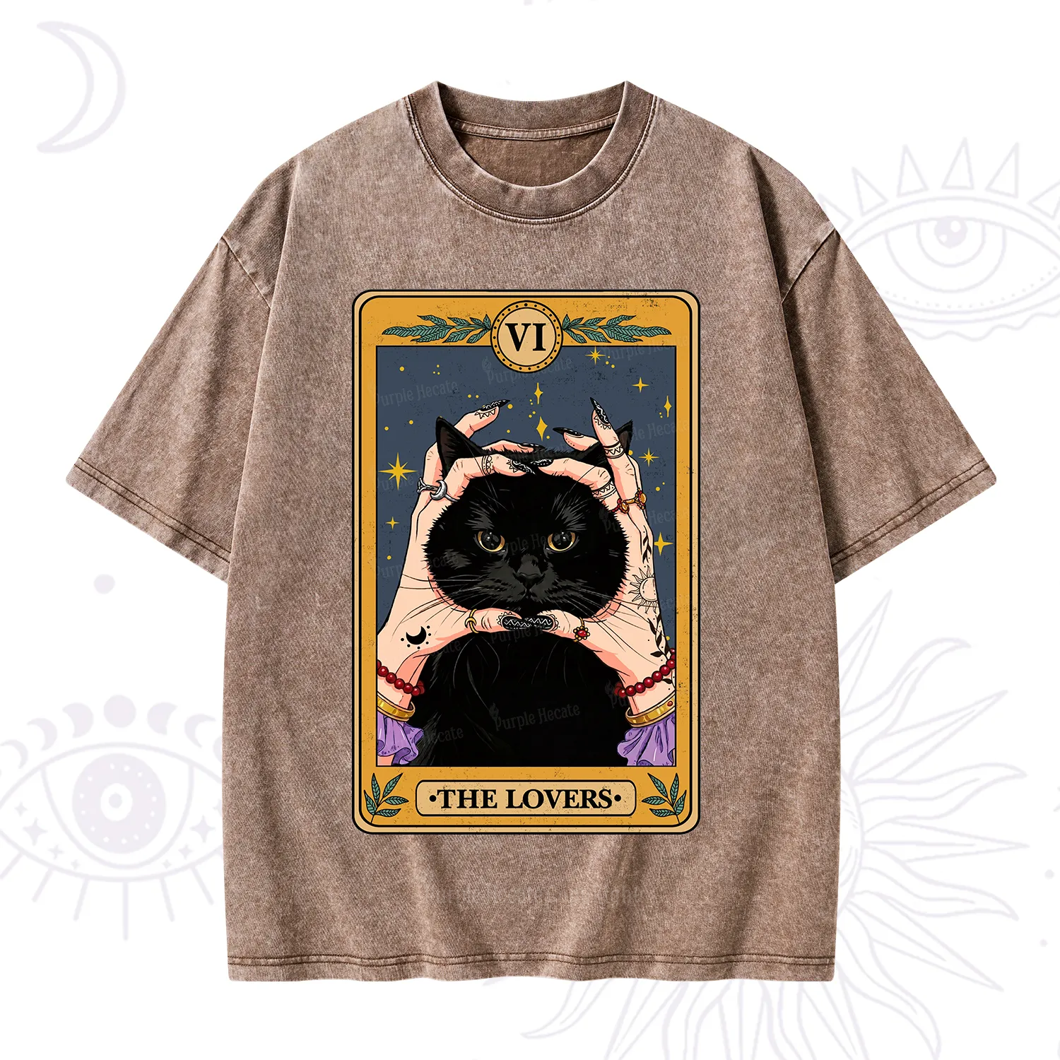 Purplehecate Black Cat The Lovers Tarot Card Washed T-Shirt