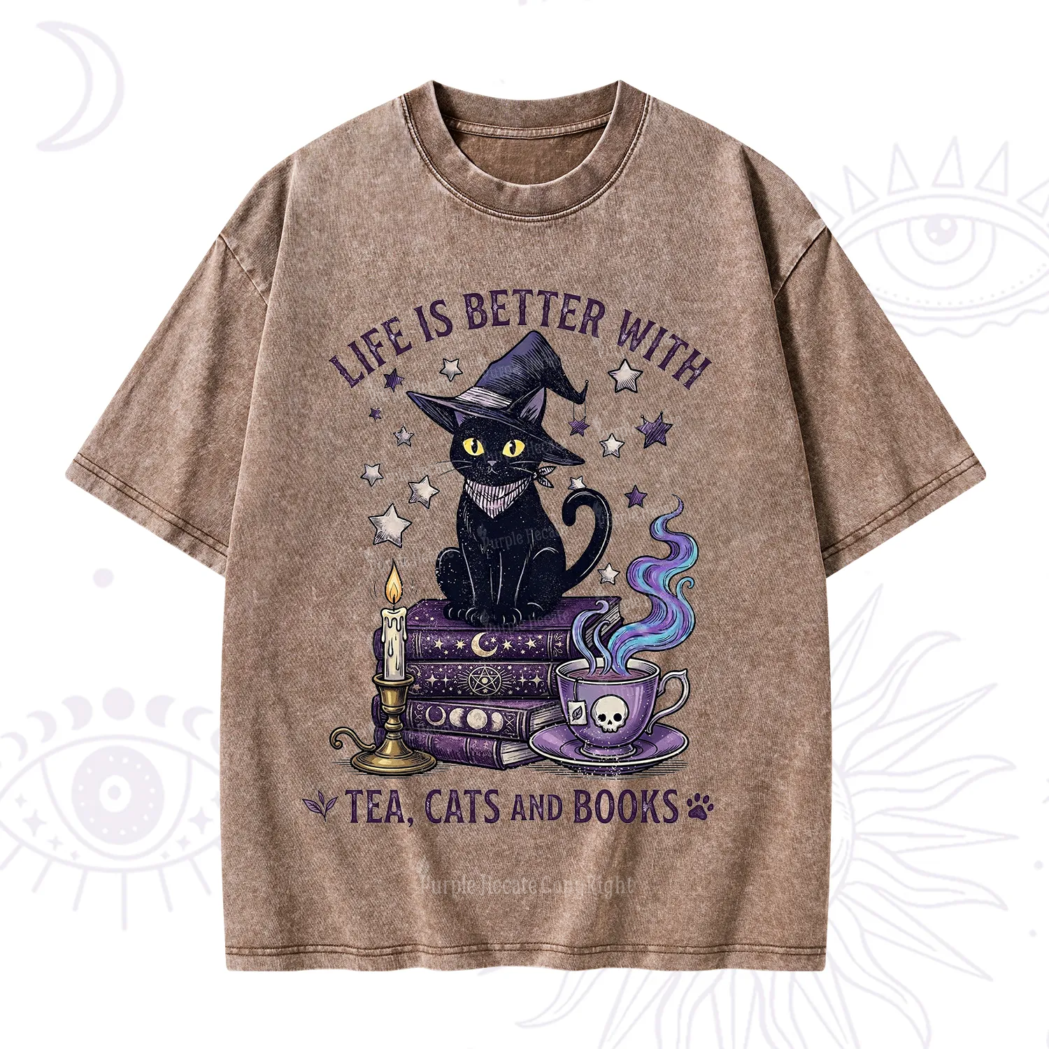 Purplehecate Life Is Better With Cats And Books Washed T-Shirt