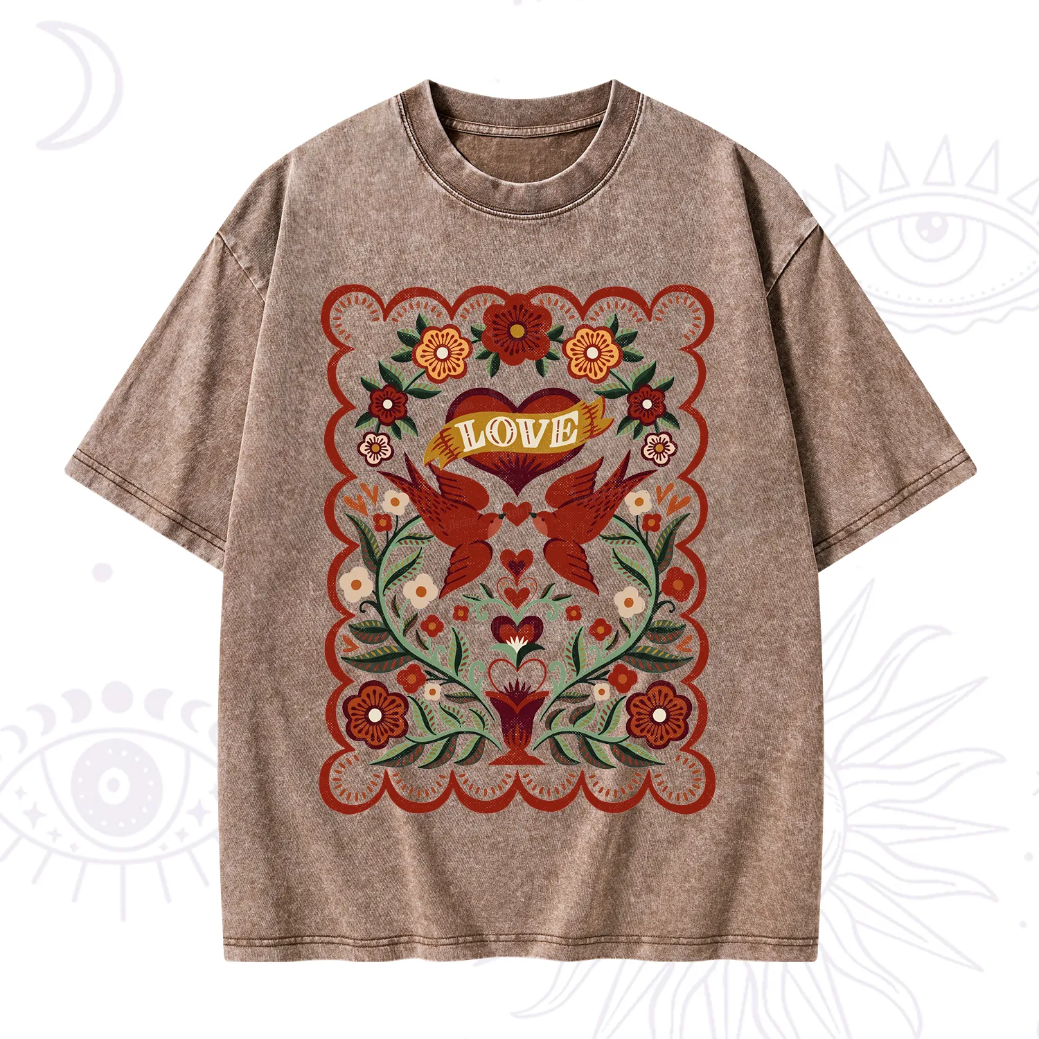Purplehecate Folk Love Birds Floral Washed T-Shirt