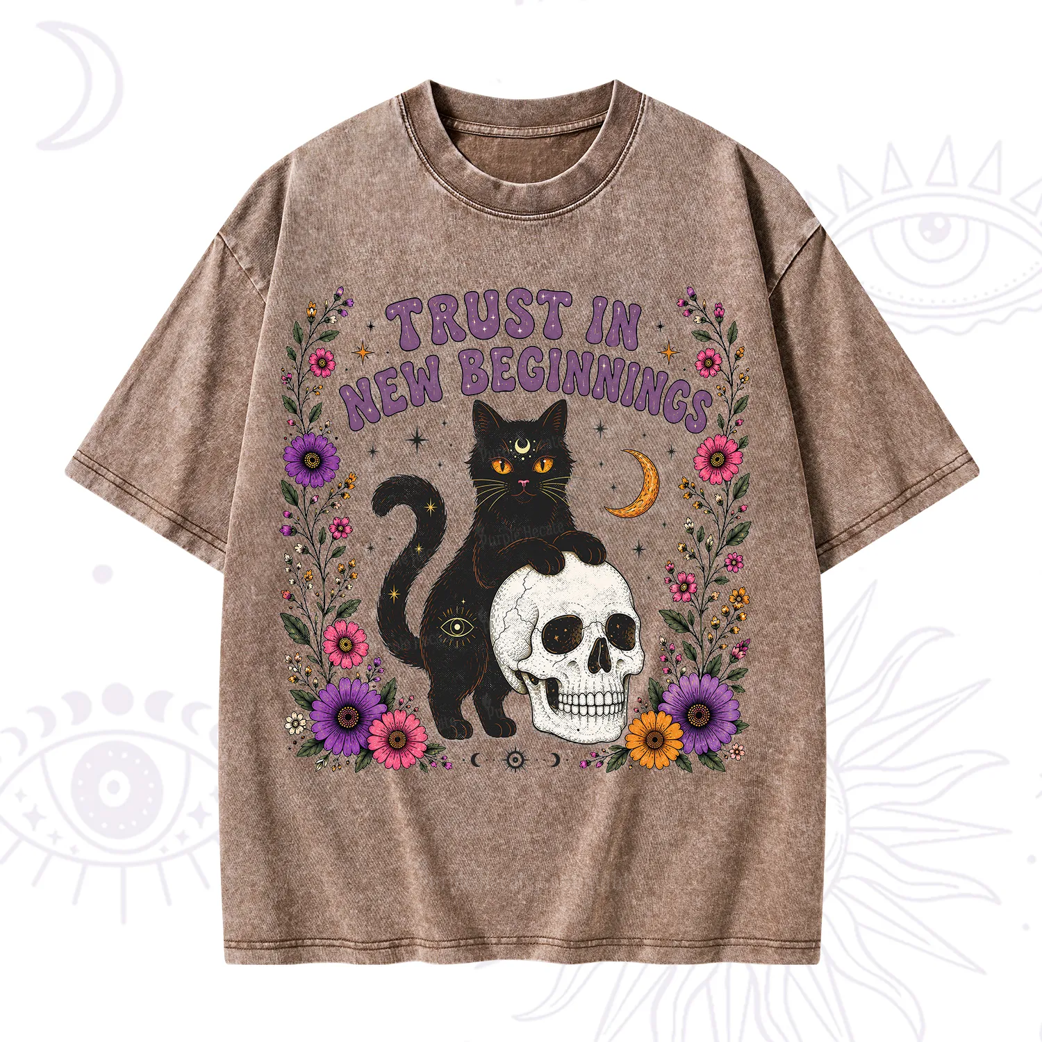 Purplehecate Trust in New Beginnings Black Cat Washed T-Shirt