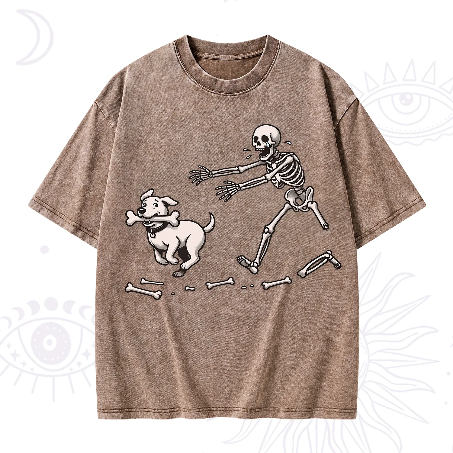 Purplehecate Halloween Skeleton Chasing Dog Washed T-Shirt