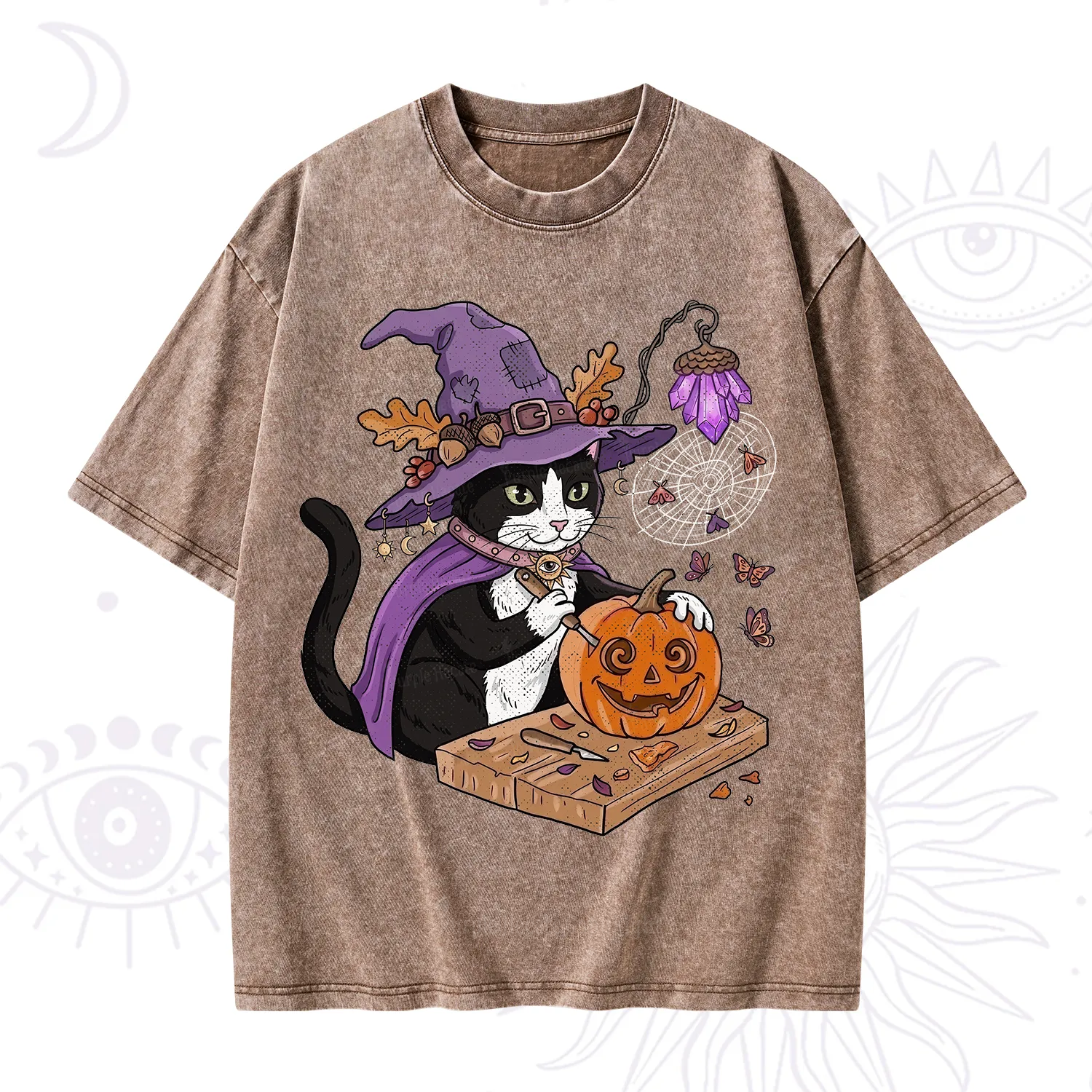 Purplehecate Pumpkin Carving Witch Cat Washed T-Shirt