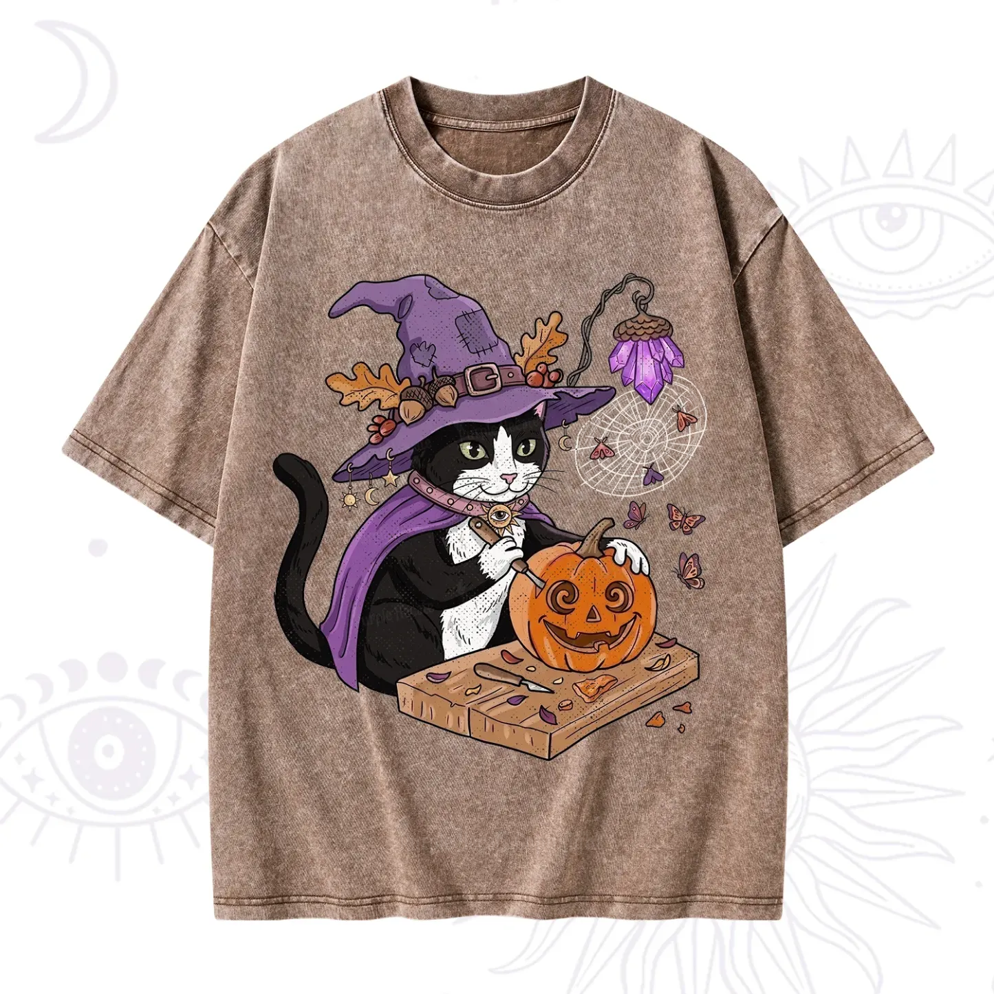 Purplehecate Pumpkin Carving Witch Cat Washed T-Shirt