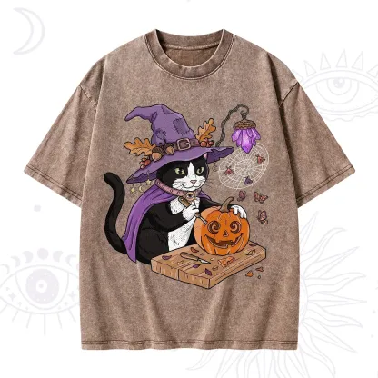 Purplehecate Pumpkin Carving Witch Cat Washed T-Shirt