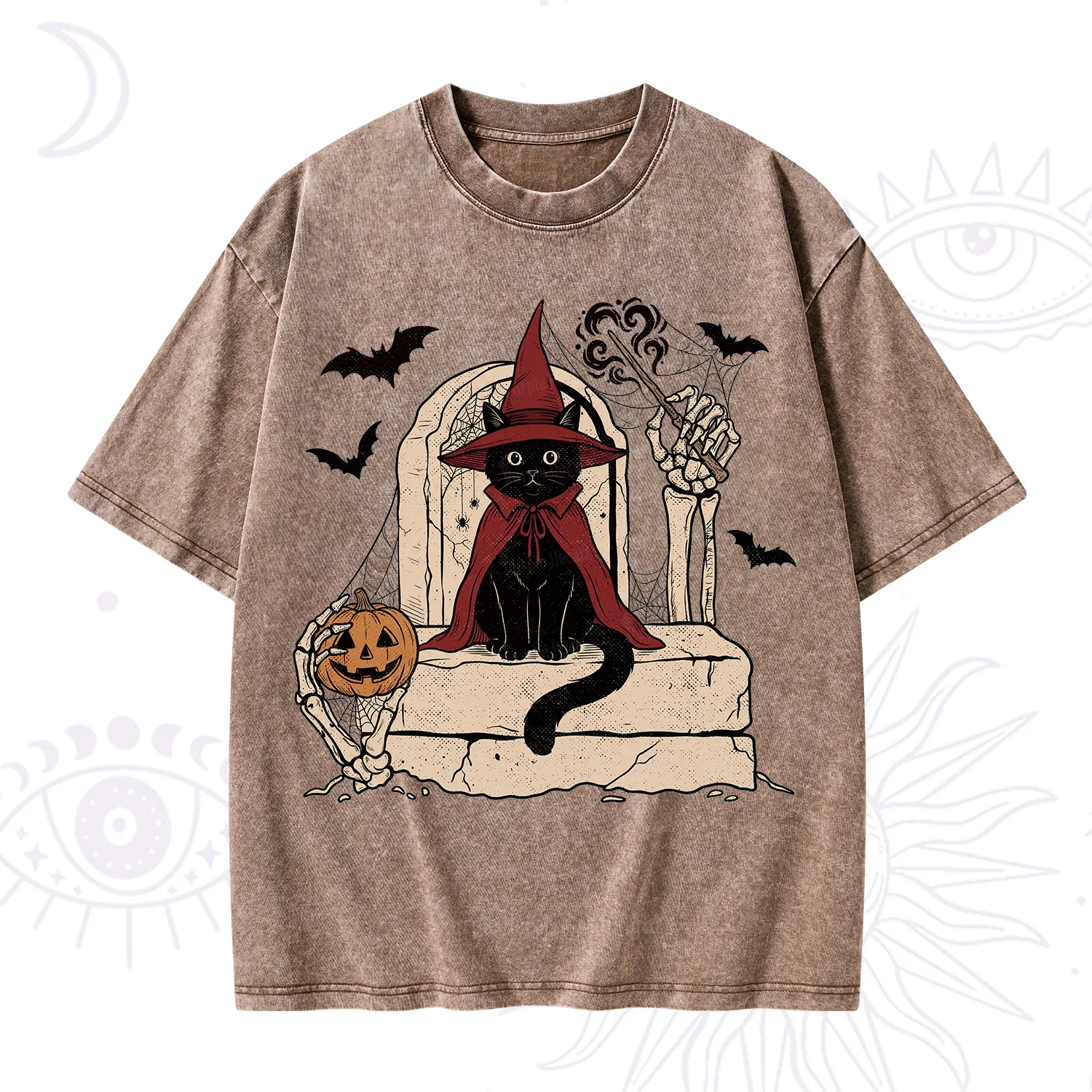 Purplehecate Wizard Black Cat on the Tombstone Halloween Washed T-Shirt