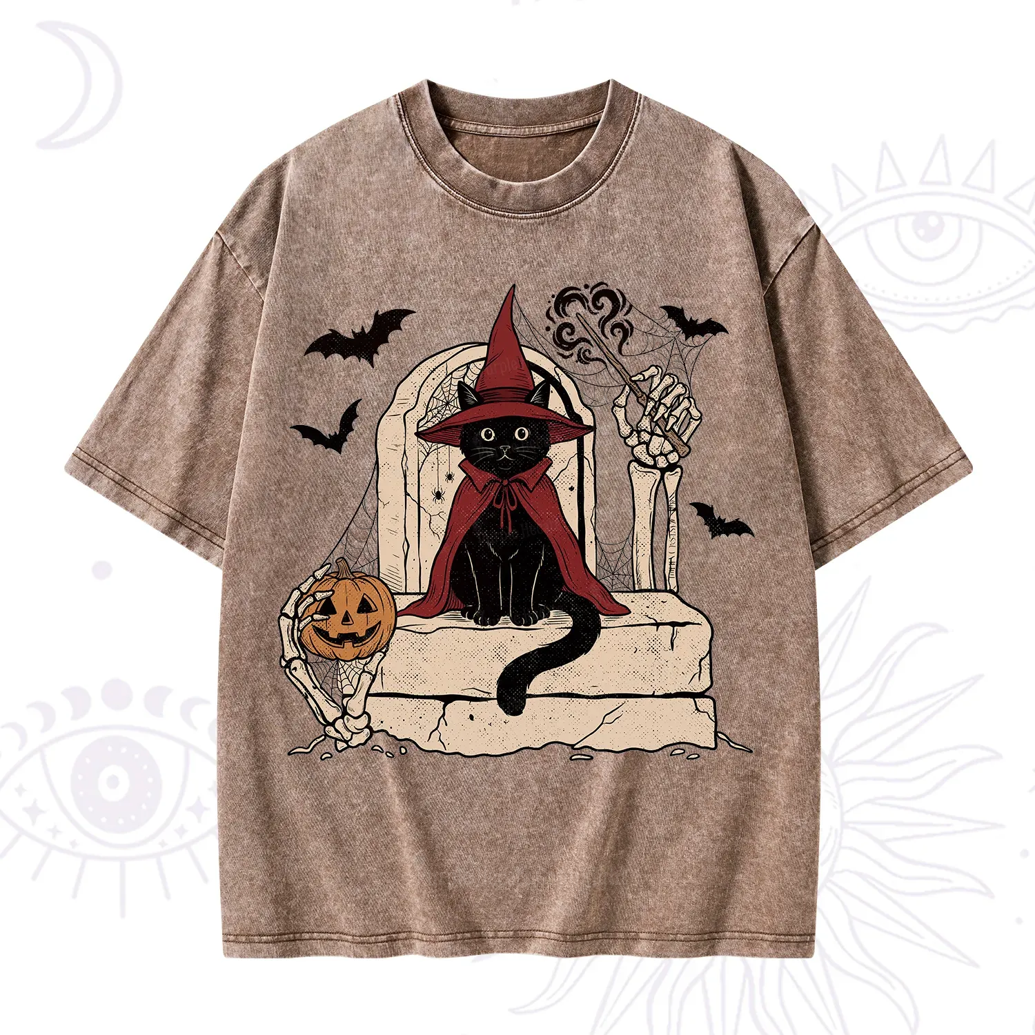 Purplehecate Wizard Black Cat on the Tombstone Halloween Washed T-Shirt