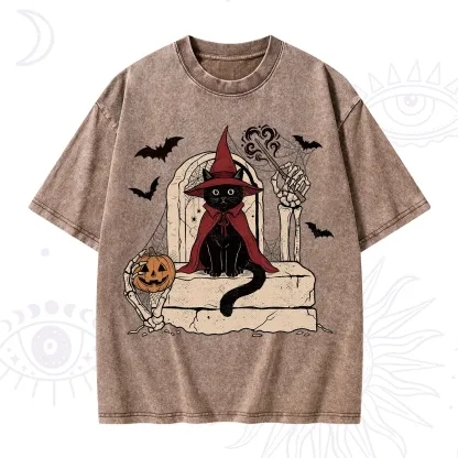 Purplehecate Wizard Black Cat on the Tombstone Halloween Washed T-Shirt
