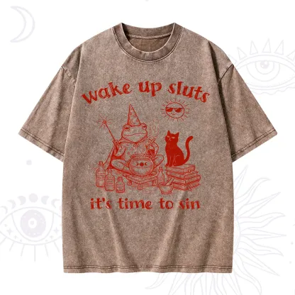 Purplehecate Wake Up Sluts It's Time to Sin Witch Frog Washed T-Shirt