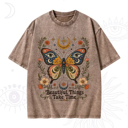 Purplehecate Beautiful Things Take Time Butterfly Washed T-Shirt