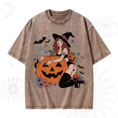 Purplehecate Enchanting Pumpkin Witch Halloween Washed T-Shirt