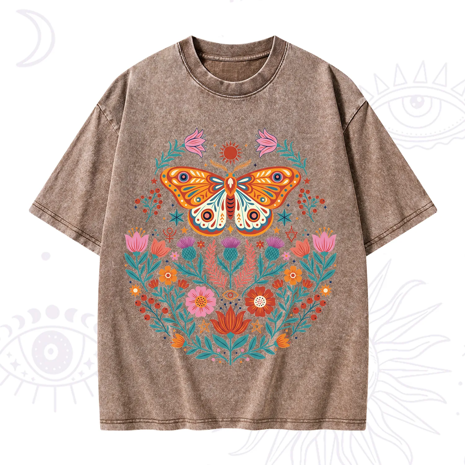 Purplehecate Boho Colorful Celestial Moth Washed T-Shirt