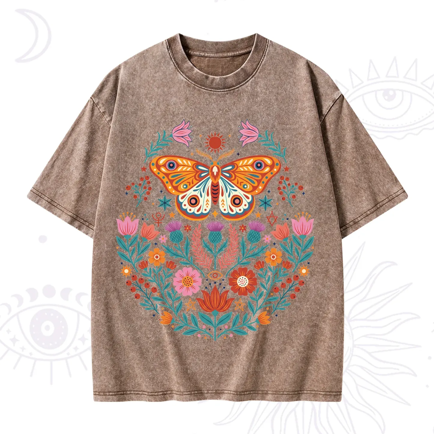 Purplehecate Boho Colorful Celestial Moth Washed T-Shirt