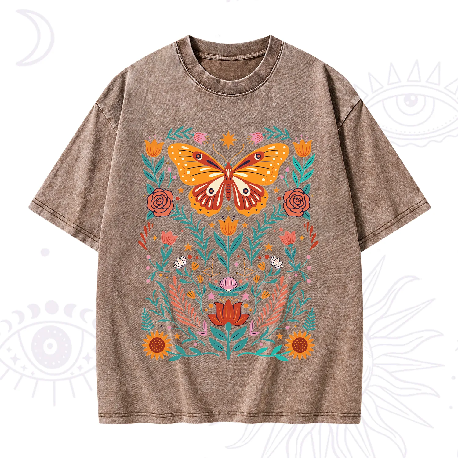 Purplehecate Boho Colorful Celestial Butterfly Washed T-Shirt