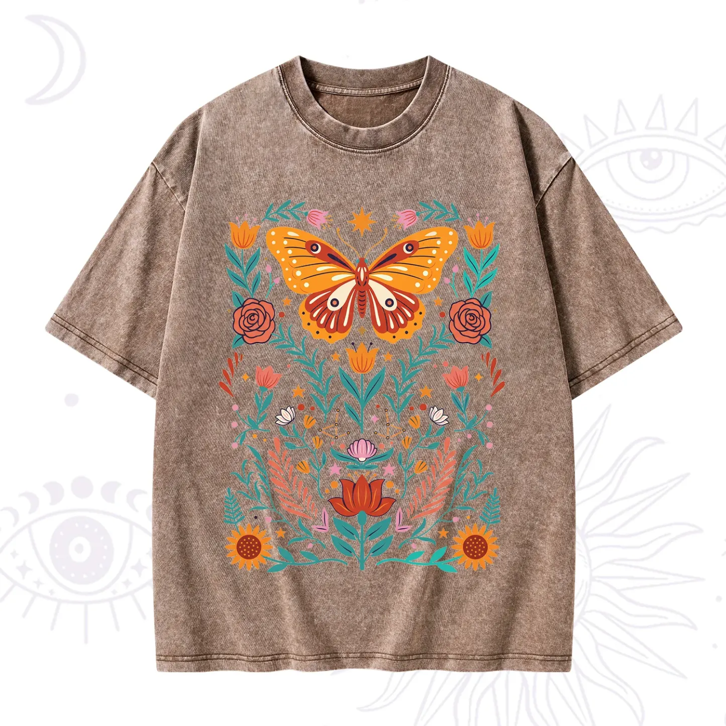 Purplehecate Boho Colorful Celestial Butterfly Washed T-Shirt