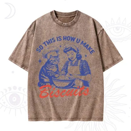 Purplehecate Funny Cat Baking Biscuits Washed T-Shirt