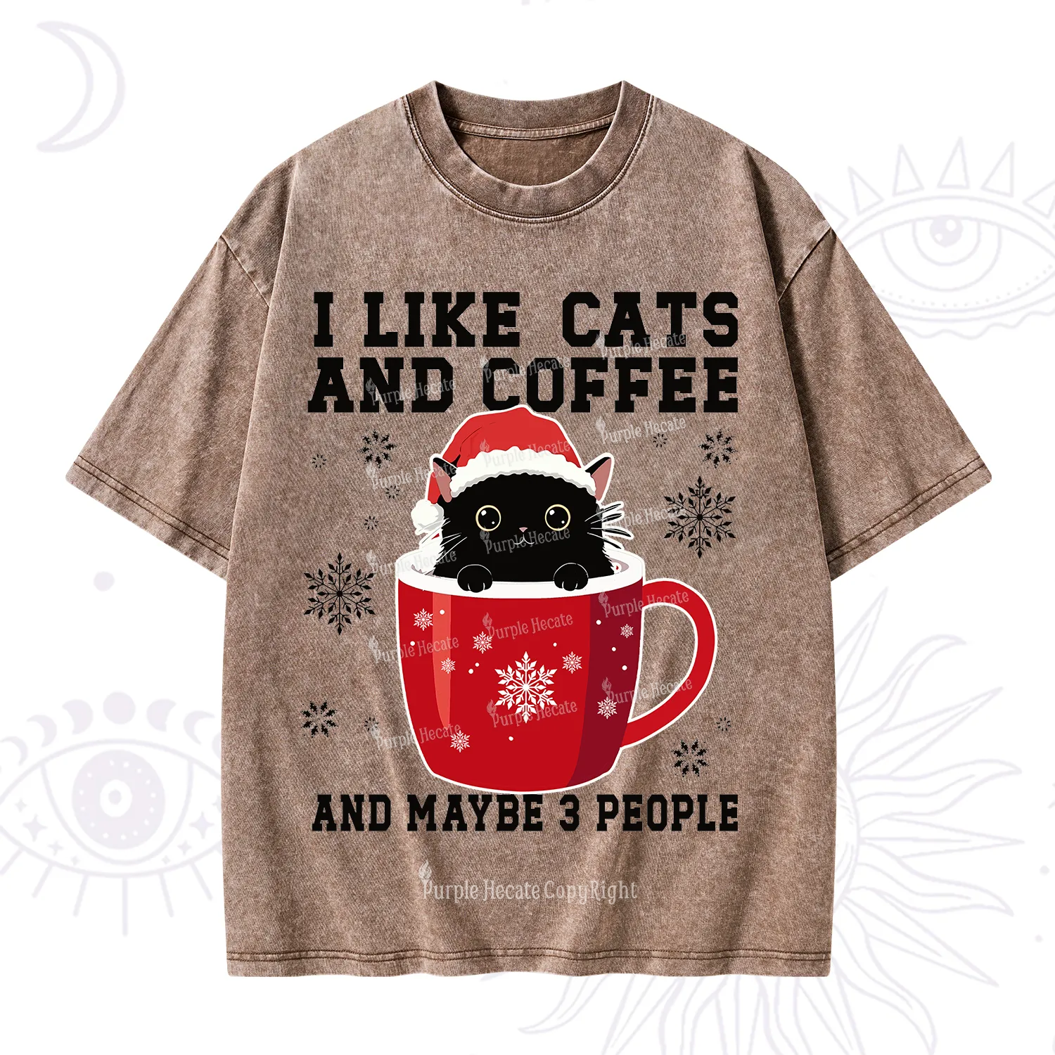Purplehecate I like Cats And Coffee Christmas Washed T-Shirt