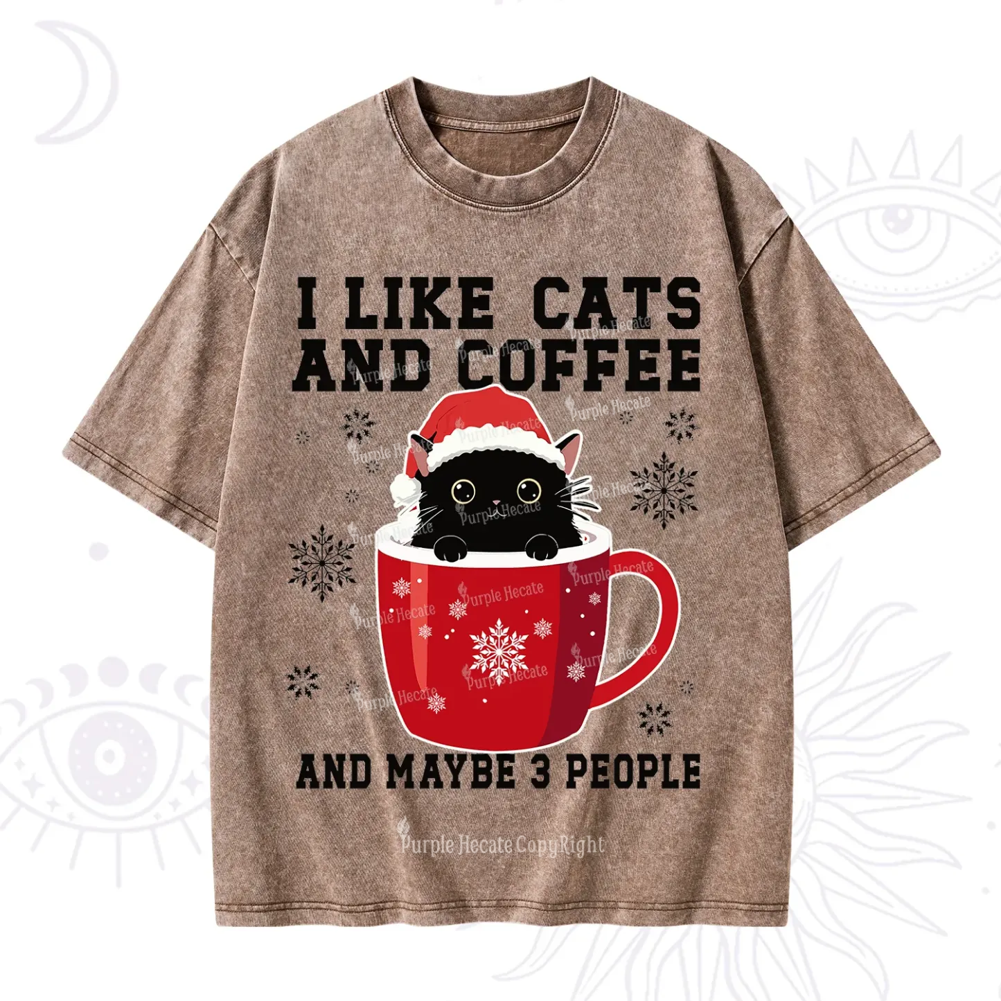 Purplehecate I like Cats And Coffee Christmas Washed T-Shirt