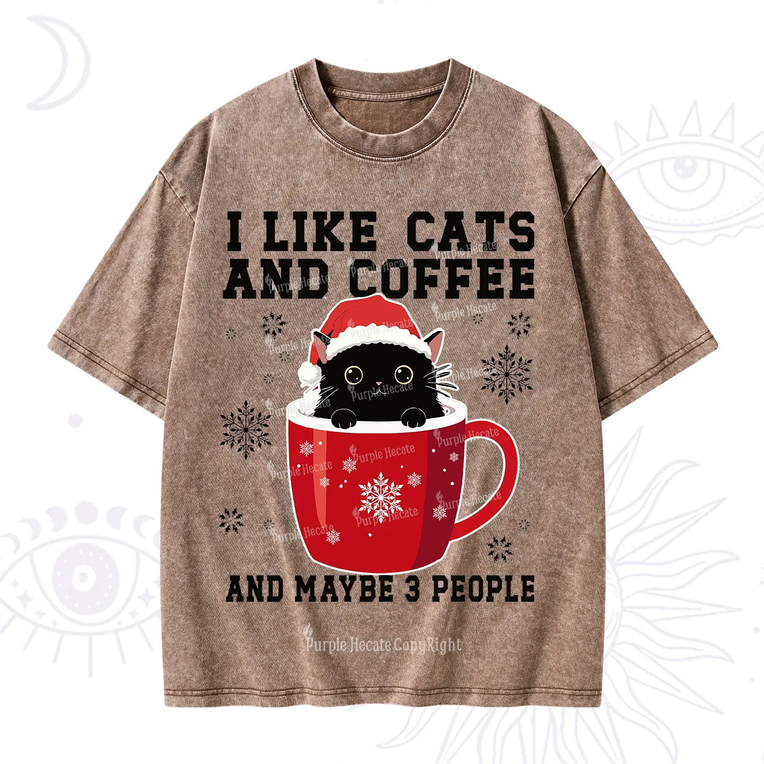 Purplehecate I like Cats And Coffee Christmas Washed T-Shirt