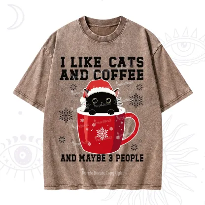 Purplehecate I like Cats And Coffee Christmas Washed T-Shirt