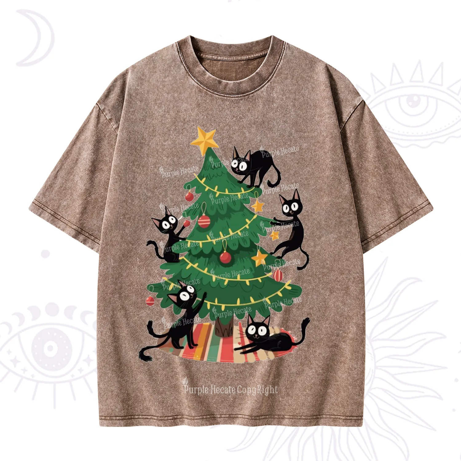 Purplehecate Black Cat in Tree Christmas Washed T-Shirt