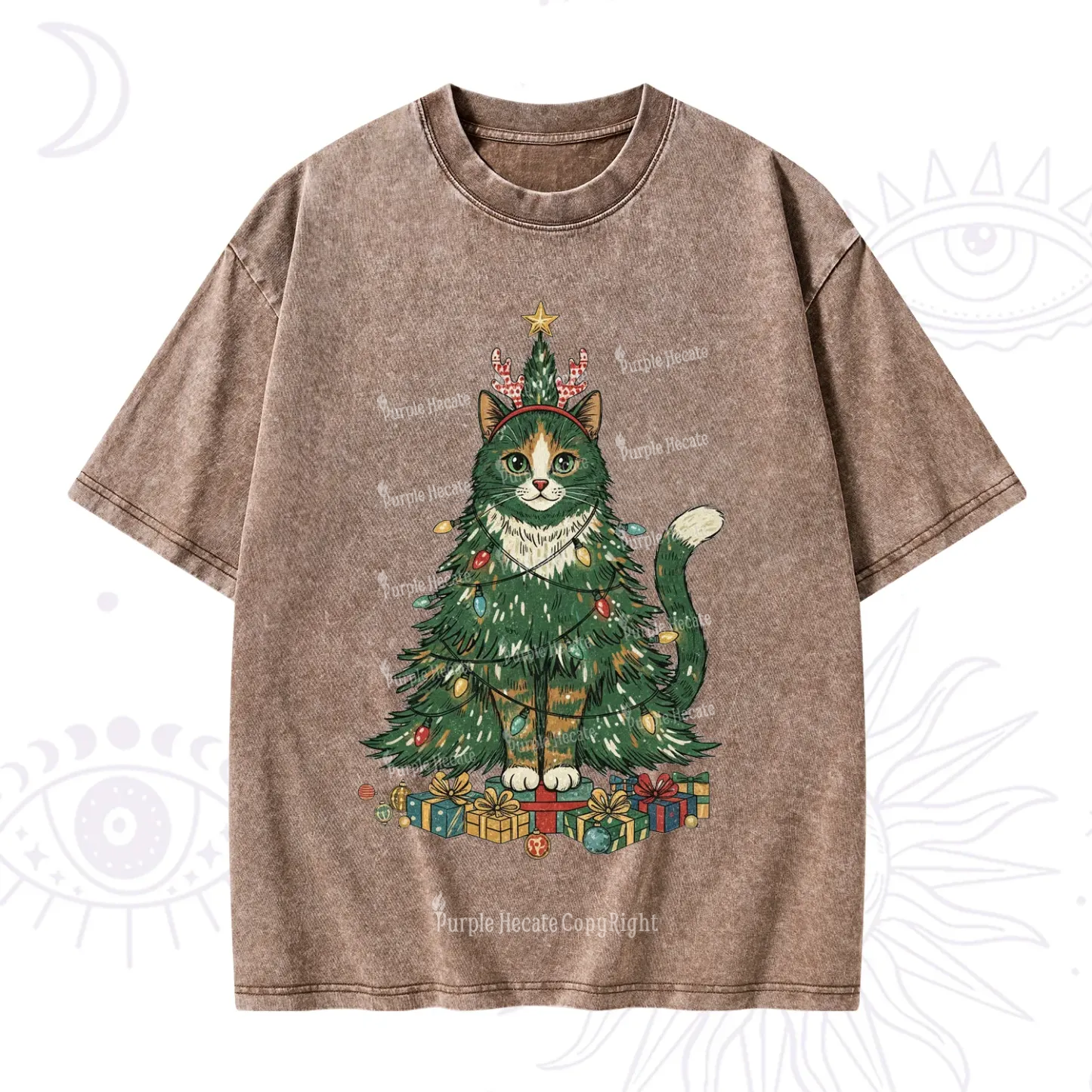 Purplehecate Cute Cats Christmas Tree Washed T-Shirt