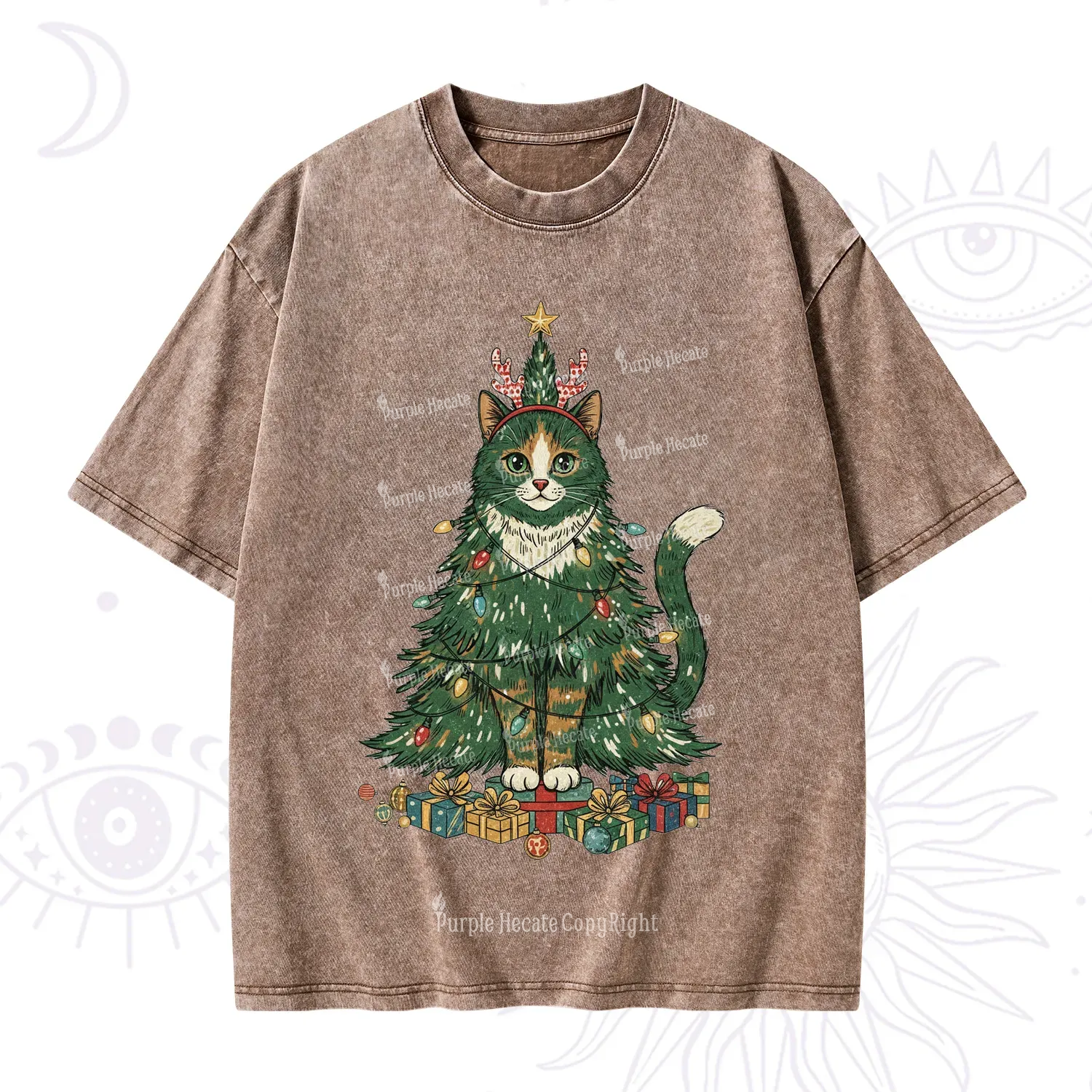 Purplehecate Cute Cats Christmas Tree Washed T-Shirt