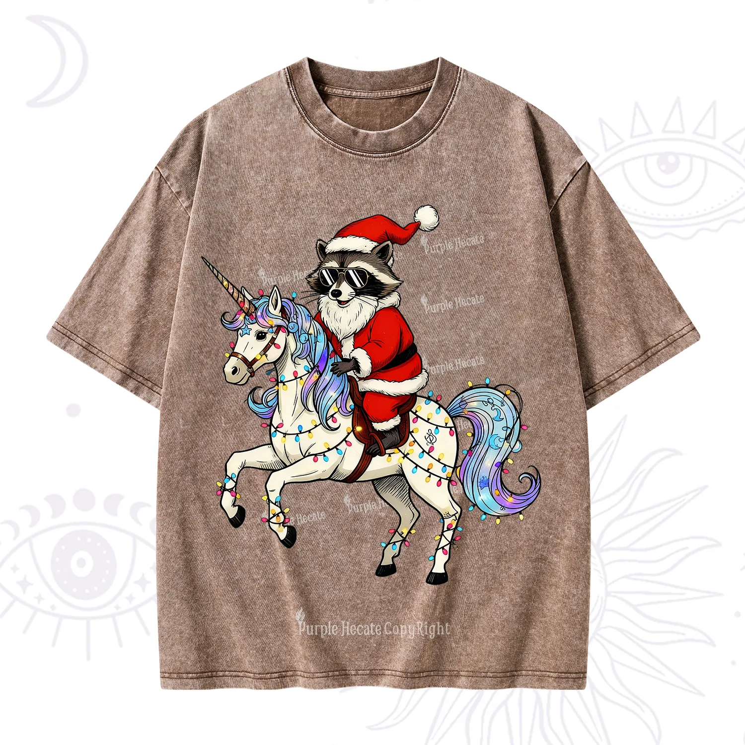 Purplehecate Santa Raccoon Riding Unicorn Tee Christmas Washed T-Shirt