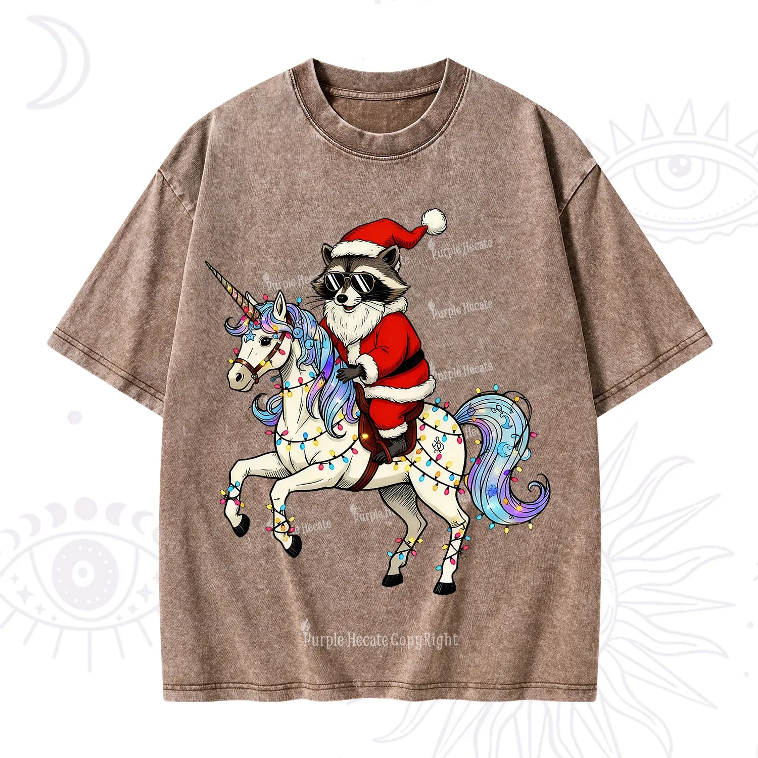 Purplehecate Santa Raccoon Riding Unicorn Tee Christmas Washed T-Shirt