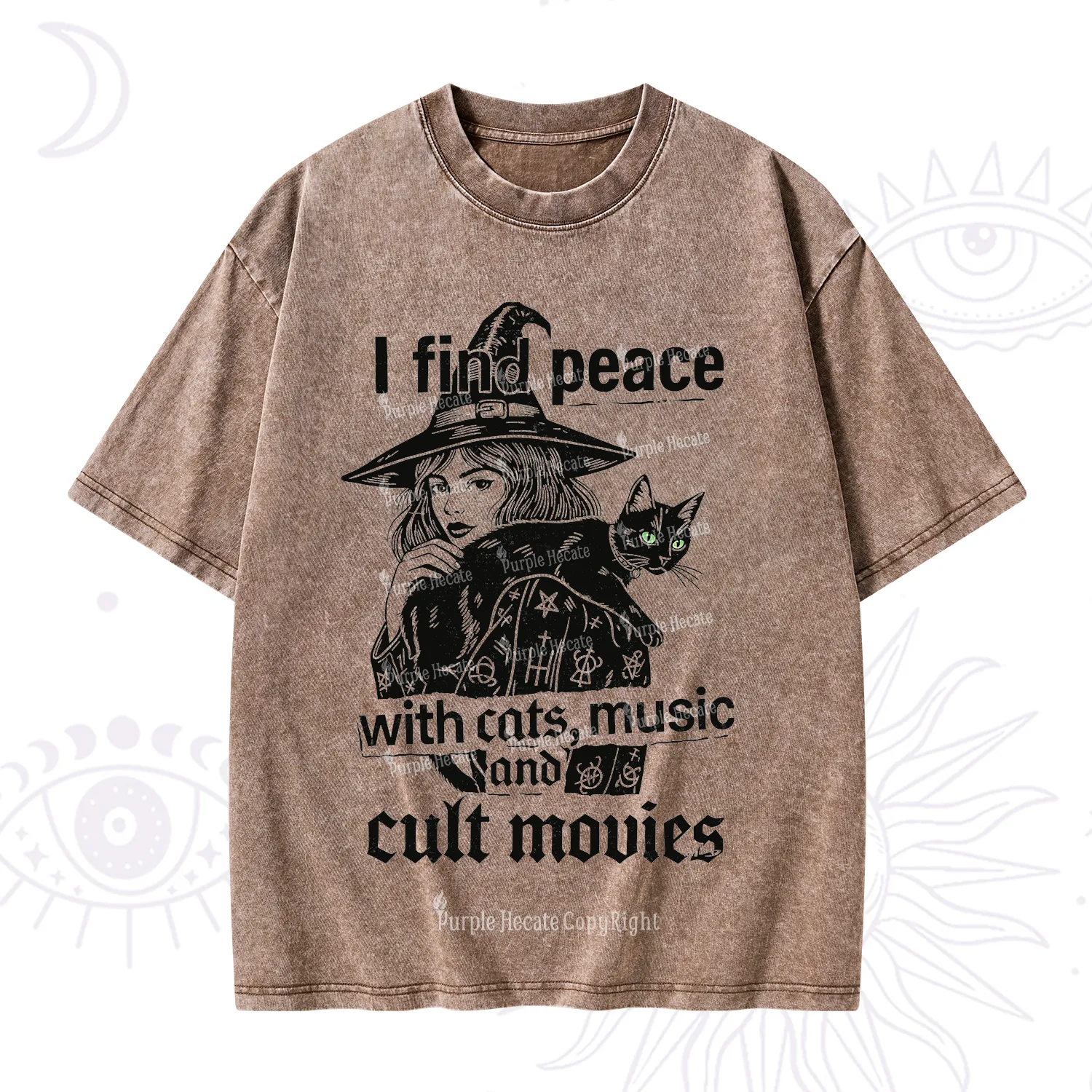 Purplehecate I Find Peace With Cats Music Cult Movies Washed T-Shirt