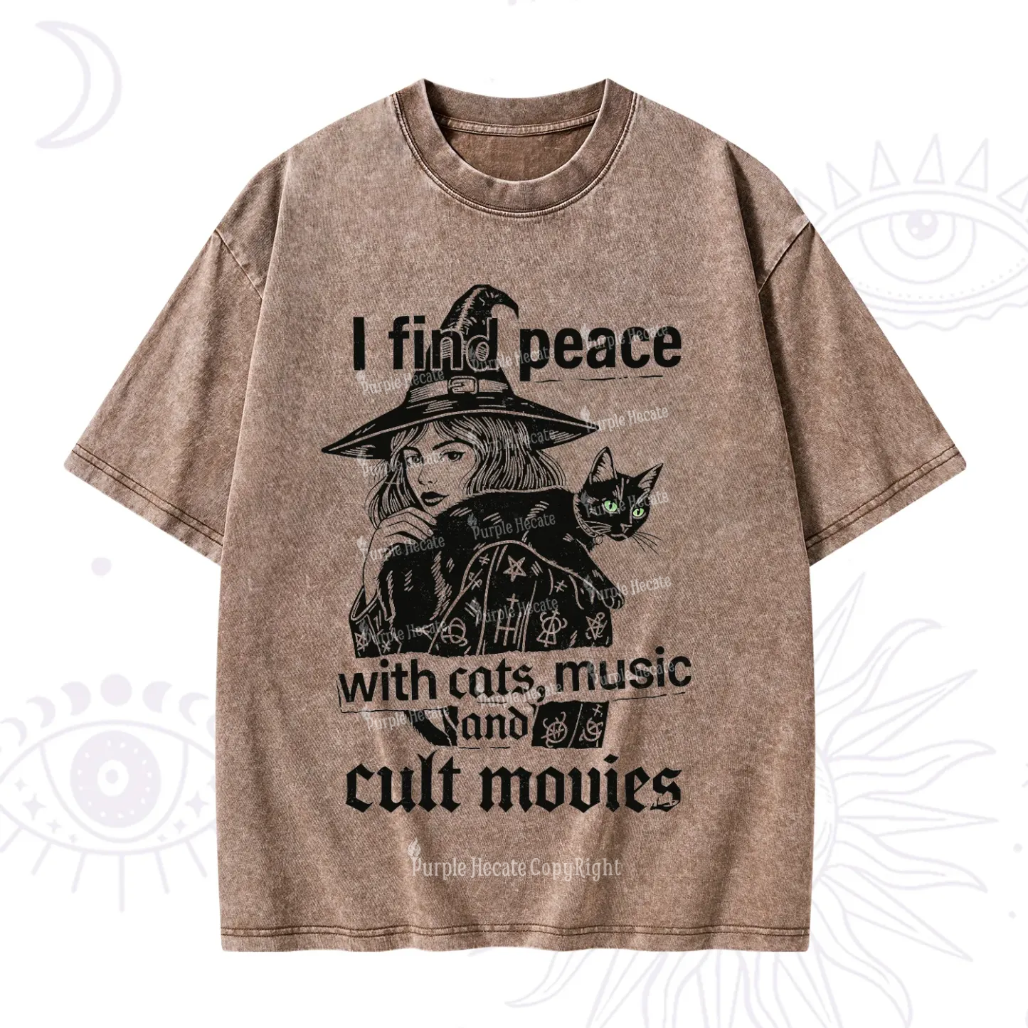 Purplehecate I Find Peace With Cats Music Cult Movies Washed T-Shirt