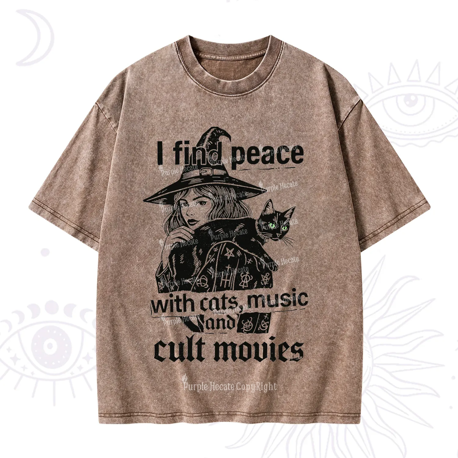 Purplehecate I Find Peace With Cats Music Cult Movies Washed T-Shirt