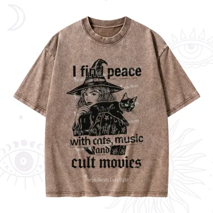 Purplehecate I Find Peace With Cats Music Cult Movies Washed T-Shirt