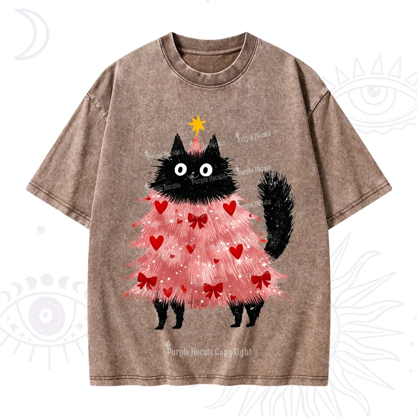 Purplehecate Funny Black Cat in Tree Valentine Washed T-Shirt