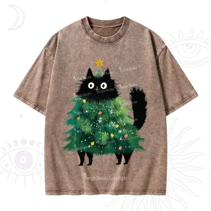 Purplehecate Black Cats Christmas Tree Christmas Washed T-Shirt