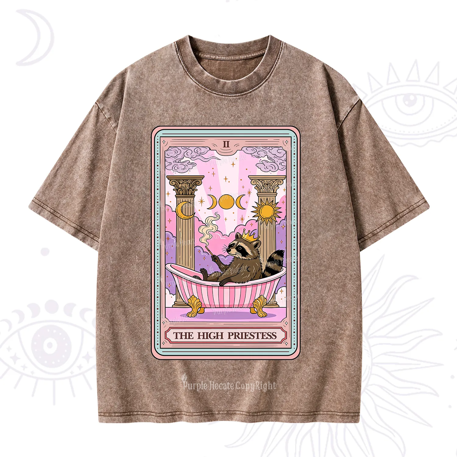 Purplehecate The High Priestess Raccoon Tarot Washed T-Shirt