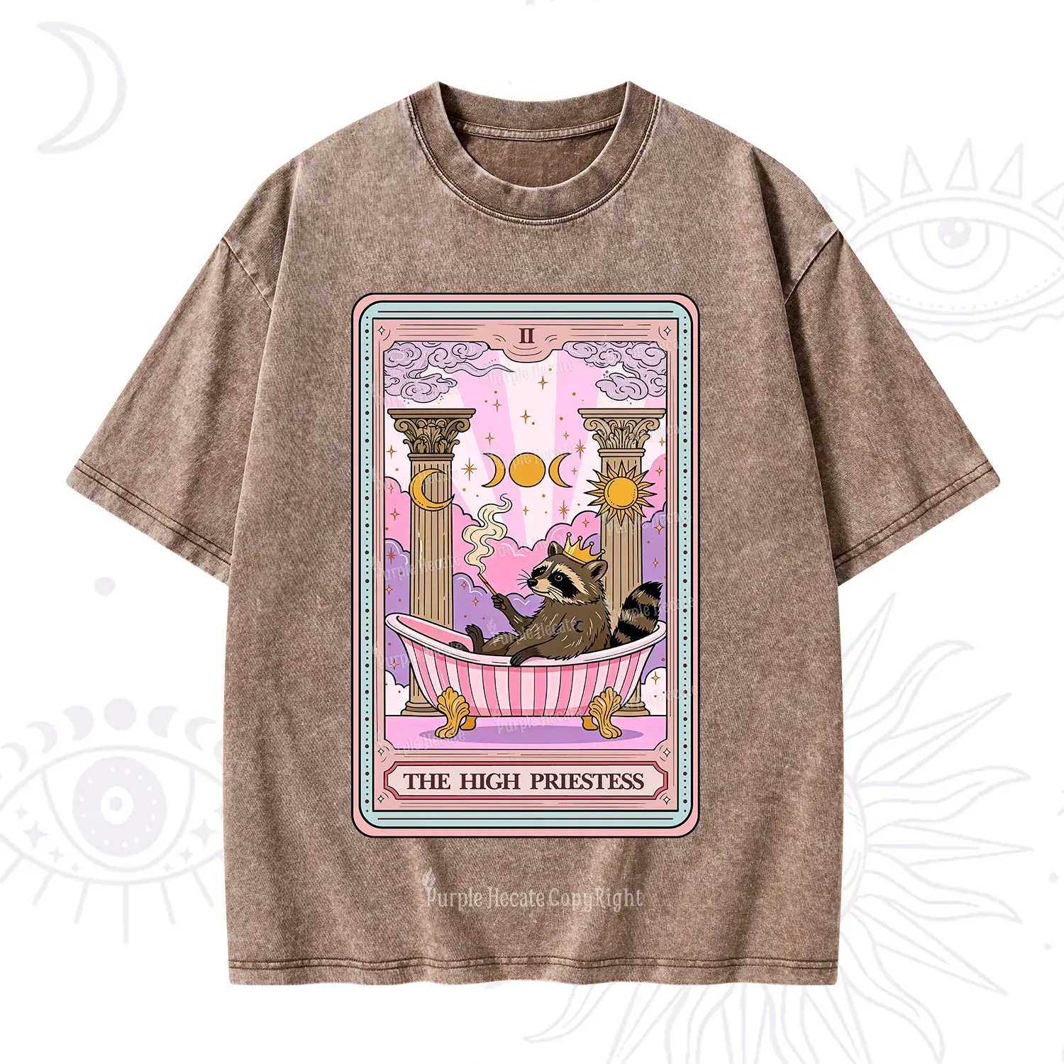Purplehecate The High Priestess Raccoon Tarot Washed T-Shirt