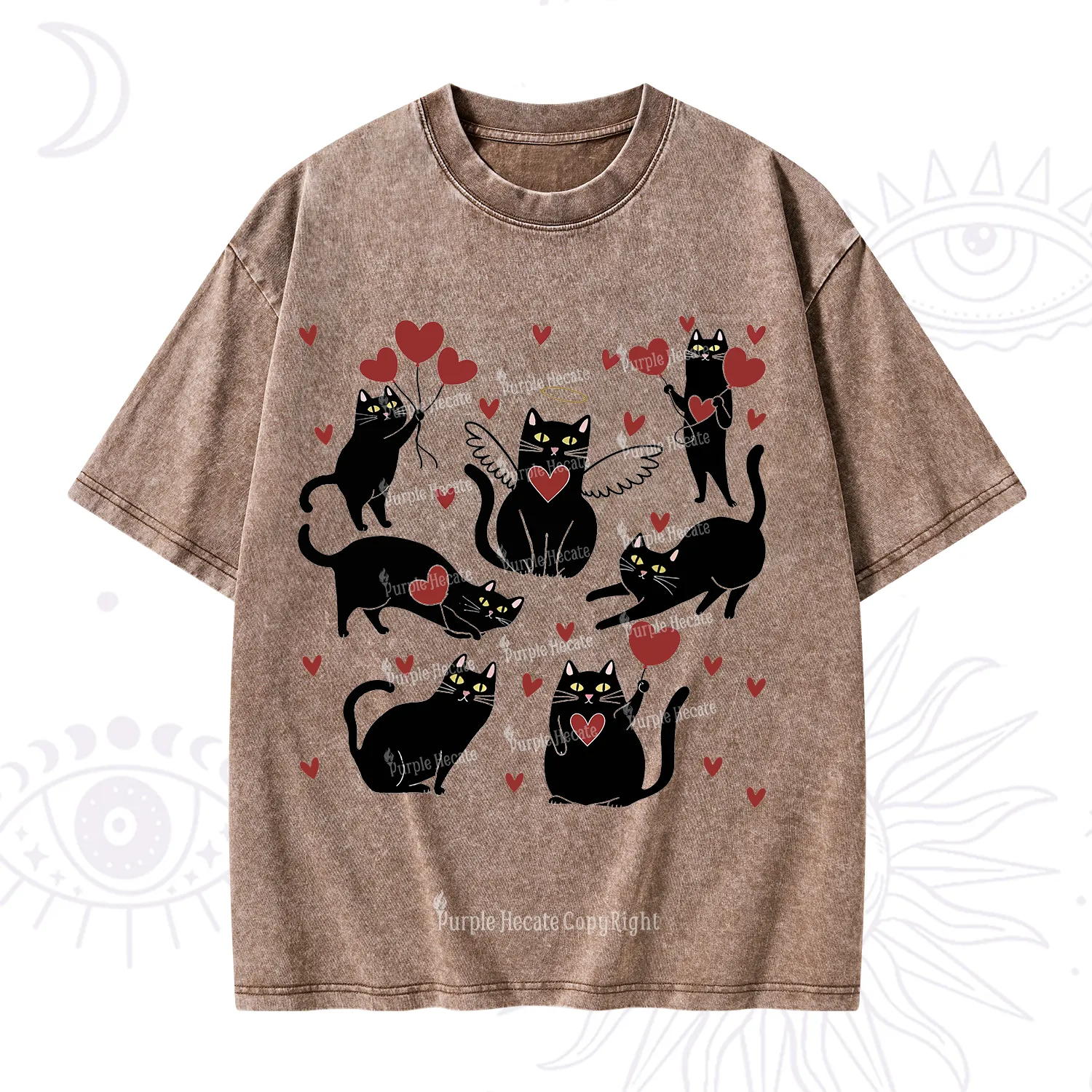 Purplehecate Meowy Valentine's Romantic Cat Valentine Washed T-Shirt