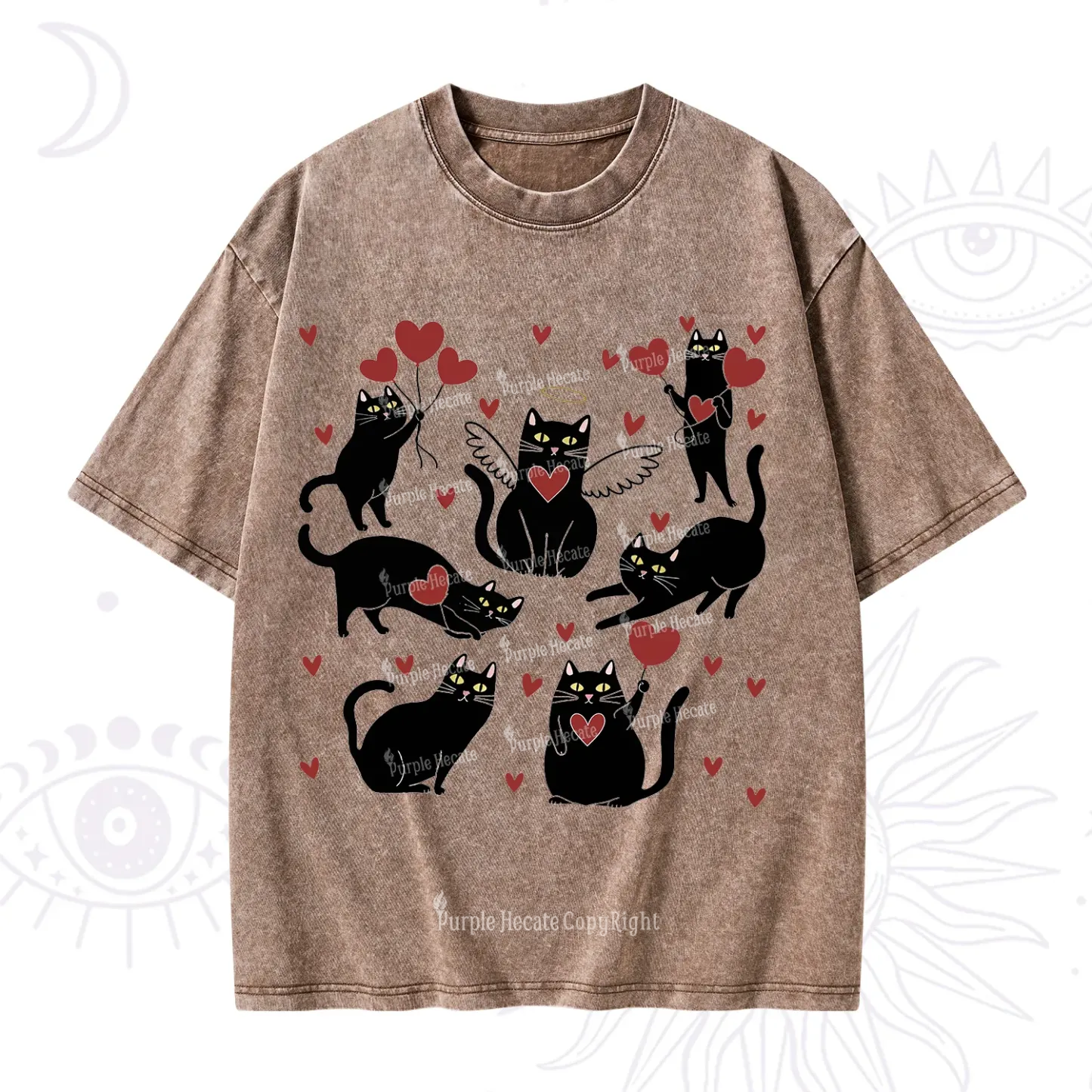 Purplehecate Meowy Valentine's Romantic Cat Valentine Washed T-Shirt